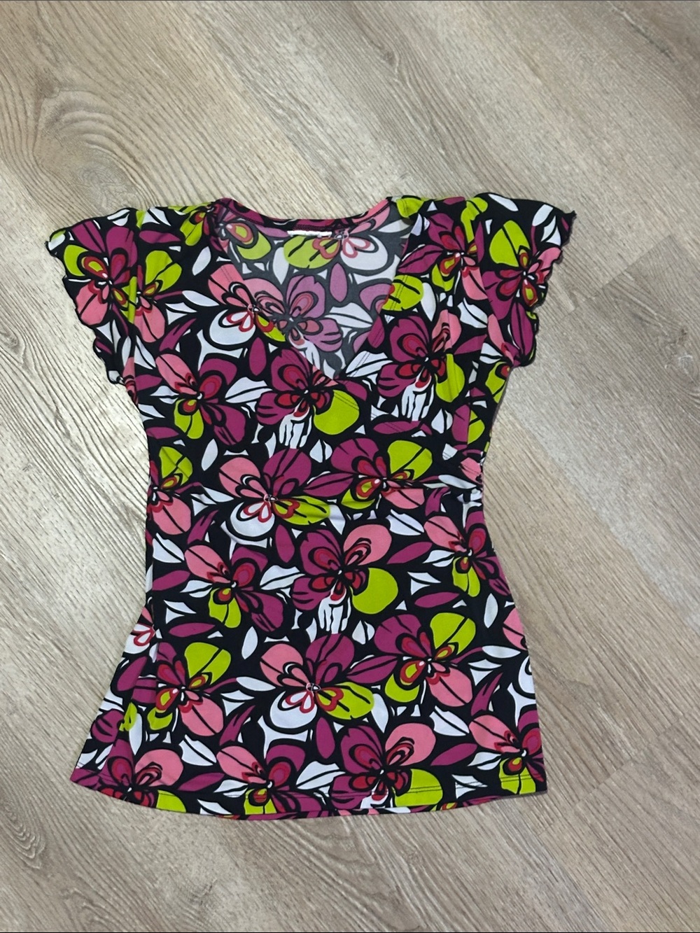 Rue21 Black Floral Scoop Neck Top with Pink & Lime Accents